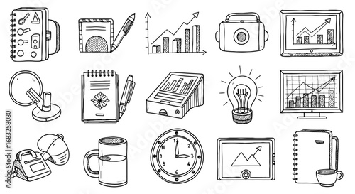 Doodle sketch office business icon set. Hand drawn notebook, graph, light bulb. Simple sketch clock, coffee, monitor symbol. Vector illustration