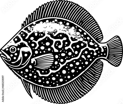 Illustration of a black and white spotted flatfish with detailed fins and textured body scales design