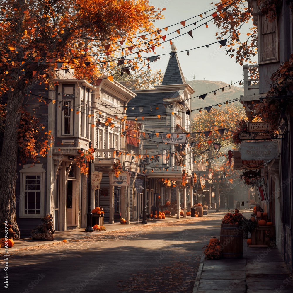 Fototapeta premium Streets of an old American town are decorated for Halloween