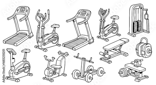 Gym equipment line drawing set. Fitness machines, weight bench sketch doodle style icon. Exercise equipment graphic art vector illustration