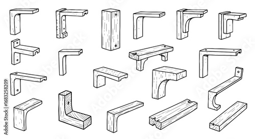 Hand drawn wood bracket and block set. Sketch pencil stroke vector graphic icon. Line wood construction timber design. Vector illustration