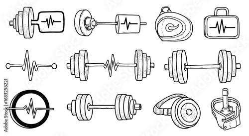 Line sketch fitness dumbbell and heart rate set. Hand drawn sketch graphic cardio symbol, weights scribble element. Vector illustration