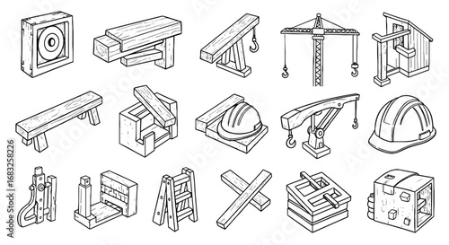 Line sketch construction tools set. Hand drawn building materials, safety helmet, and crane. Isometric icon vector illustration