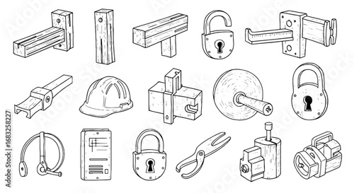 Hand-drawn construction sketch icon set. Safety gear, locks, hardware line drawing illustration.