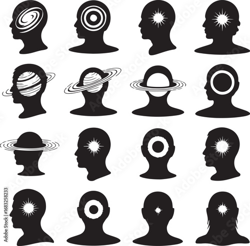 Silhouettes of human heads with abstract cosmic and mental imagery head silhouette profile