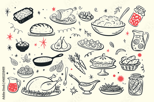 A Whimsical Illustration of Delicious Dishes and Culinary Delights Featuring Meats, Breads, Desserts, and Appetizers Perfect for Holiday Feasts