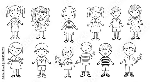Line art doodle child figure set. Sketch kids girl boy character element. Happy cute pose with props. Pen line shape figure illustration