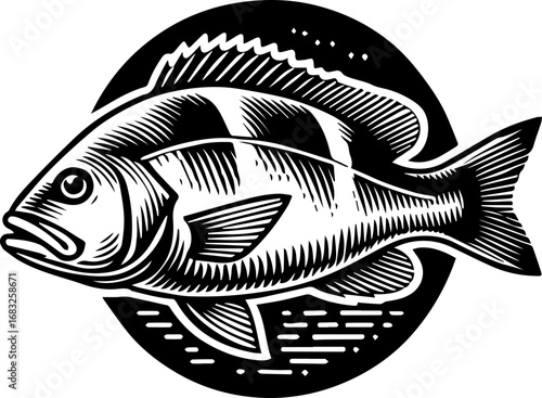Illustration of a black and white fish with stripes inside an oval shape on a white background