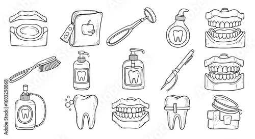 Dental care doodle icon set. Sketch pencil hygiene vector graphic draw pen underline icon. Hand drawn dental hygiene equipment illustration