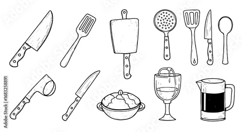 Kitchen tools line art doodle set. Culinary utensils sketch elements. Knife, spoon, spatula, pan, glass, pitcher cookware silhouette. Vector illustration