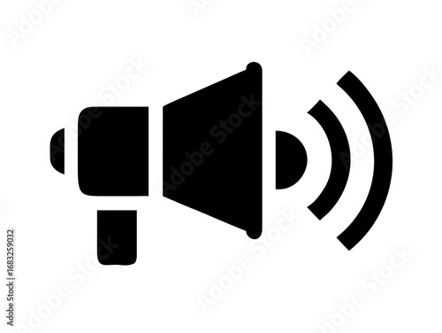 A black silhouette of a megaphone with sound waves emanating from the speaker on a white background