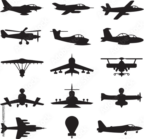 Silhouette icons of various aircraft and aerial vehicles jet fighter airplane