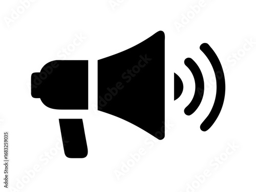 A black silhouette of a megaphone with sound waves emanating from the speaker on white background