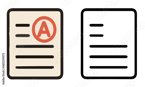 Icons for grade A result and blank document. Success.