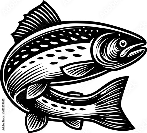 Detailed black and white illustration of two trout fish swimming in a circular formation design art
