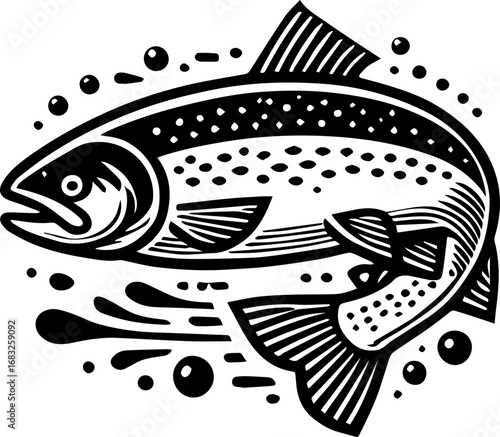 Detailed monochrome illustration of a fish swimming with water droplets and a striped tail design