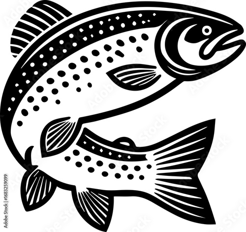 Illustration of a black and white trout with spots swimming upward in a stylized design element art