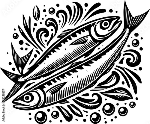 Two fish illustration in black and white with decorative swirls and bubbles surrounding them neatly