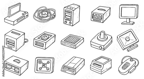 Doodle computer devices icon set. Line art electronics sketch vector graphic. Hand drawn vintage computer and electronic tech symbols. Vector illustration