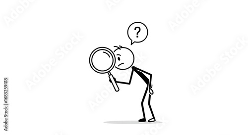 A stick figure character holding a magnifying glass, looking intently downwards, with a question mark above its head, symbolizing search, investigation, or confusion.