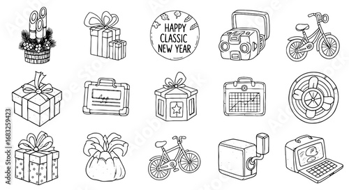 Sketch line object doodle icon set. Hand drawn sketch gifts, toys, calendar, happy classic new year line art. Doodle style icon. Vector illustration