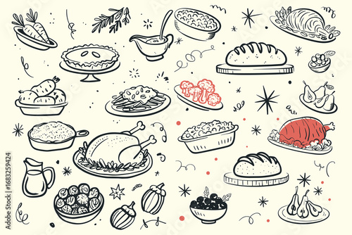 A Festive Collection of Hand-Drawn Illustrations Featuring Various Delicious Dishes, Desserts, and Ingredients for a Memorable Celebration