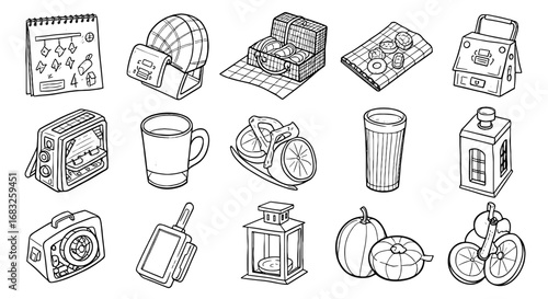 Sketch line art items, calendar, picnic basket, radio, camera, fruit, pumpkin, lantern, cup, toy bicycle, print, simple