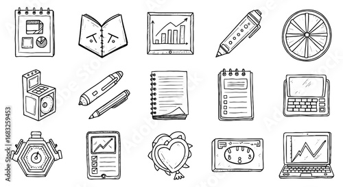 Line sketch notebook graph element doodle set. Sketch laptop pen, gadget highlight mark line sketch shape symbol. Vector illustration