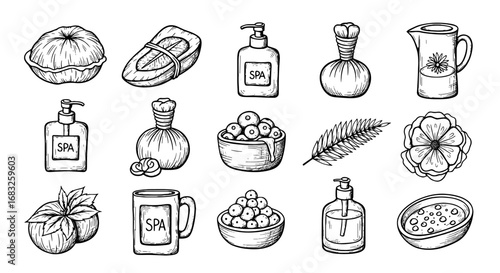 Spa brush line hand drawn treatment icon set. Sketch massage herb soap lotion beauty cosmetic. Vector illustration