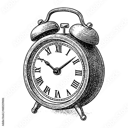 Vintage Black and White Alarm Clock Illustration for Time Design