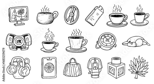 Hand-Drawn Doodle Objects - Cup, Television, Clock, Bag, Plant and Other