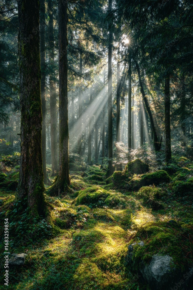 Fototapeta premium Sunlight streams through a misty forest (1)