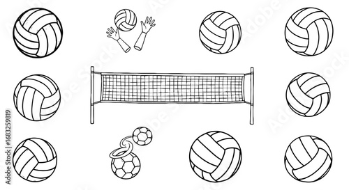 Volleyball sketch doodle icon set. Hand drawn volleyball net, balls, hands element line. Sports training sketch set. Vector illustration