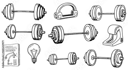 Doodle sketch weight,bulb,clip,blueprint set. Hand drawn sketch weight lifting, light bulb, office clip element. Pen line sketch, workout symbol icon. Vector illustration.