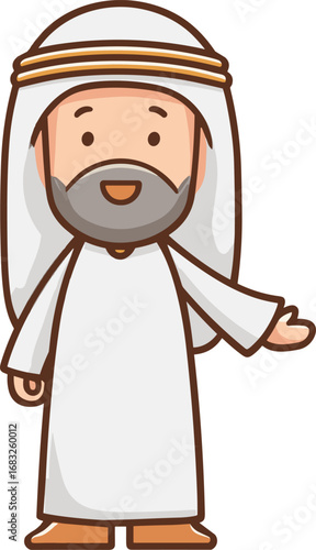 Traditional man in cultural attire expressing friendliness isolated on transparent background. Vector illustration.