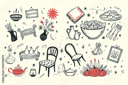 A Whimsical Collection of Hand-Drawn Home Decor and Culinary Elements Embodying the Spirit of Togetherness and Gratitude