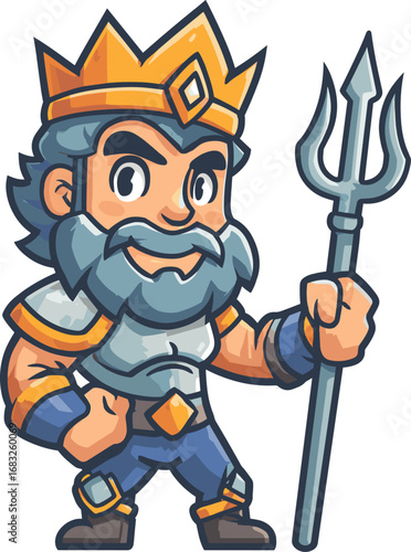 Fierce cartoon king holding a trident isolated on transparent background. Vector illustration.