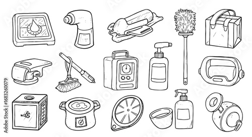 Line sketch cleaning tools set. Hand drawn brush doodle soap, spray, duster, container items. Home cleaning supply outline icon set. Vector illustration