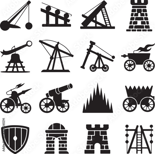 Silhouette icons of ancient siege weapons and fortifications catapult trebuchet