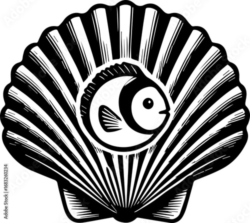 Illustration of a fish inside a scallop shell with black and white line art in a vintage style design