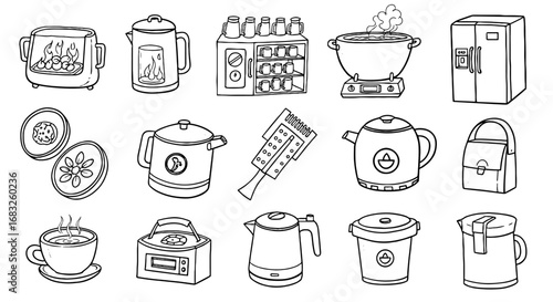 Kitchenware line art icon set. Hand drawn pots, teapots, coffee, plates and utensils. Home appliance kitchen utensil illustration