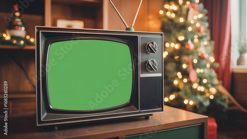 Vintage television with green screen sits in cozy room with festive Christmas tree and warm lights glowing