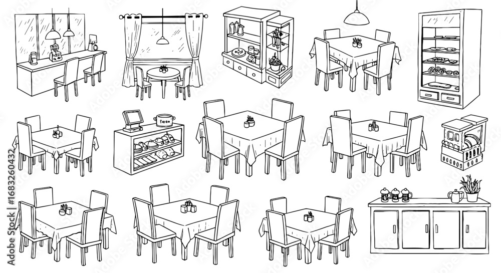 Fototapeta premium Restaurant furniture line drawing set. Tables, chairs, counters, shelves, oven and dish dryer. Black and white sketch vector illustration