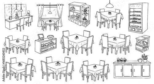 Restaurant furniture line drawing set. Tables, chairs, counters, shelves, oven and dish dryer. Black and white sketch vector illustration