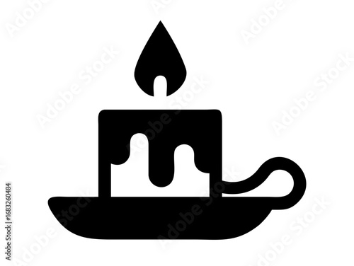Illustration of a black candle with a flame sitting on a candle holder with a handle design element