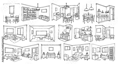 Line sketch rooms furniture set. Hand drawn drawing furniture interior room. Pencil sketch house living bedroom doodle. Interior illustration