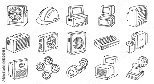 Doodle sketch line tech equipment icon set. Hand drawn building, pc, drone, tool. Sketchy line graphic style. Vector illustration.