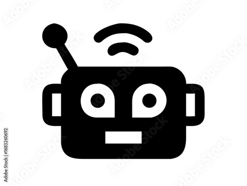Illustration of a black robot with antenna and rounded rectangular head and square mouth design element