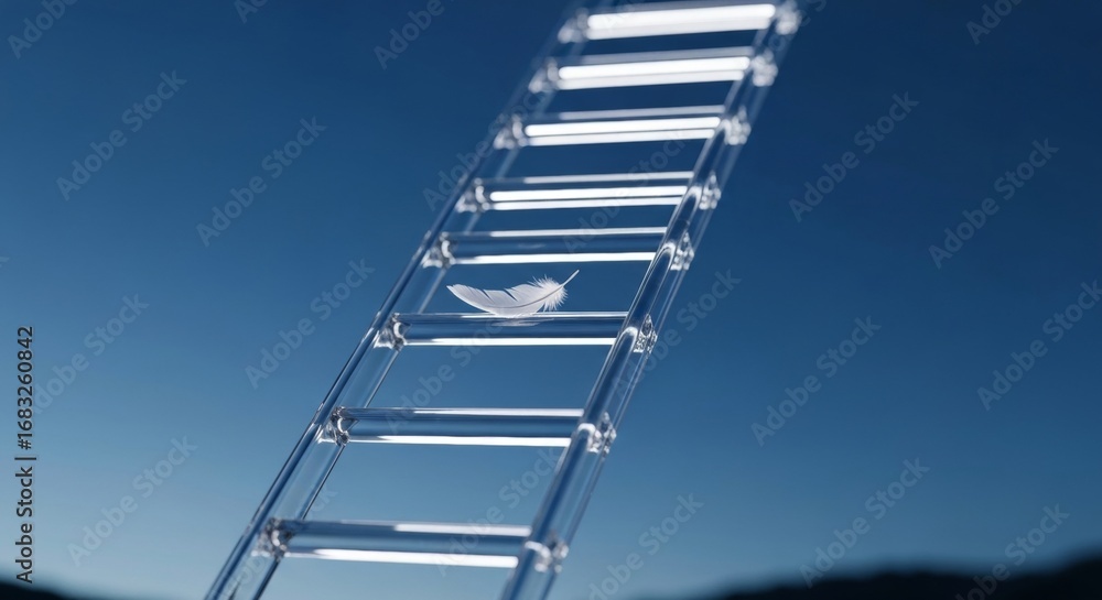 Obraz premium White feather on a glass ladder ascending into the sky