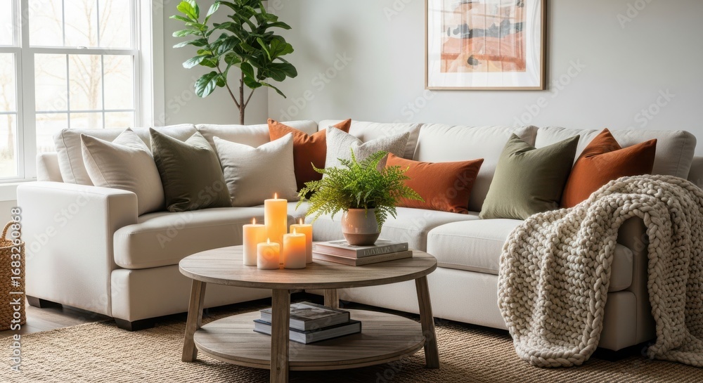 Fototapeta premium Cozy living room scene featuring a sectional sofa adorned with textured pillows and a warm throw blanket